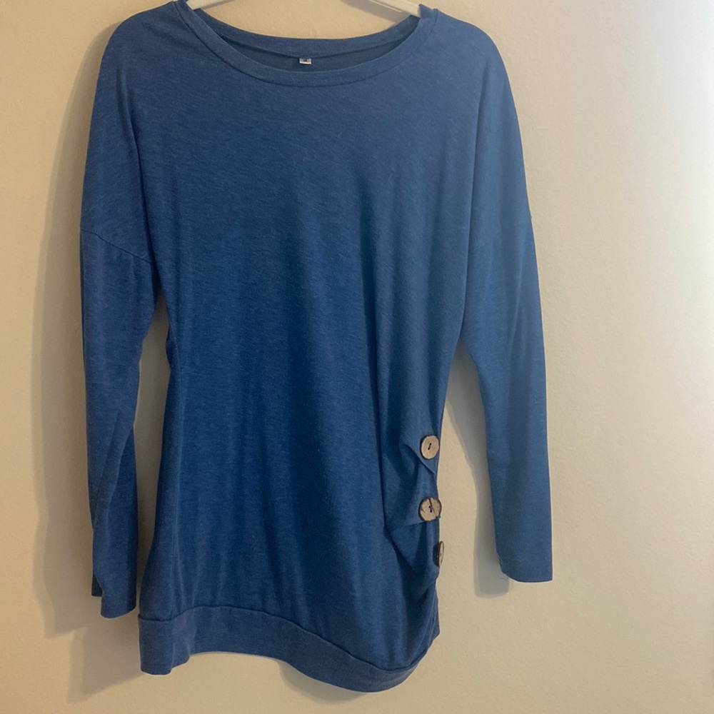 Blue Long Sleeve Shirt with 3 Decorative Buttons on side